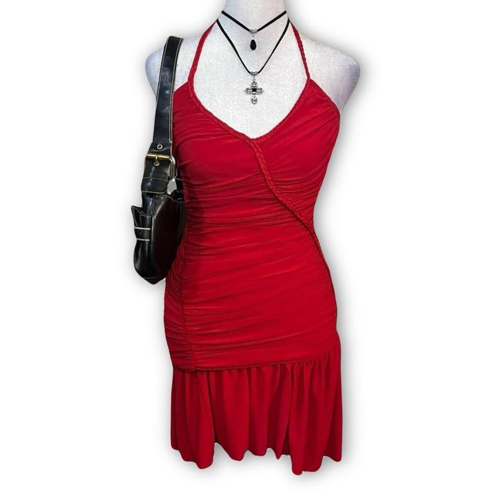 B Darlin Y2K red ruched braided rockstar gf vampire 2000s halter mini dress